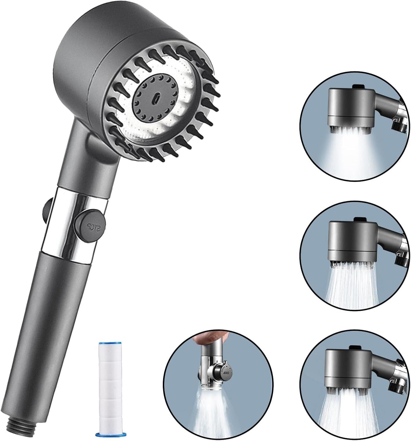 Duschkopf Hochdruck mit Filter – 3 Strahlarten, wassersparend, Handbrause mit Stopptaste, Kalkfilter Dusche