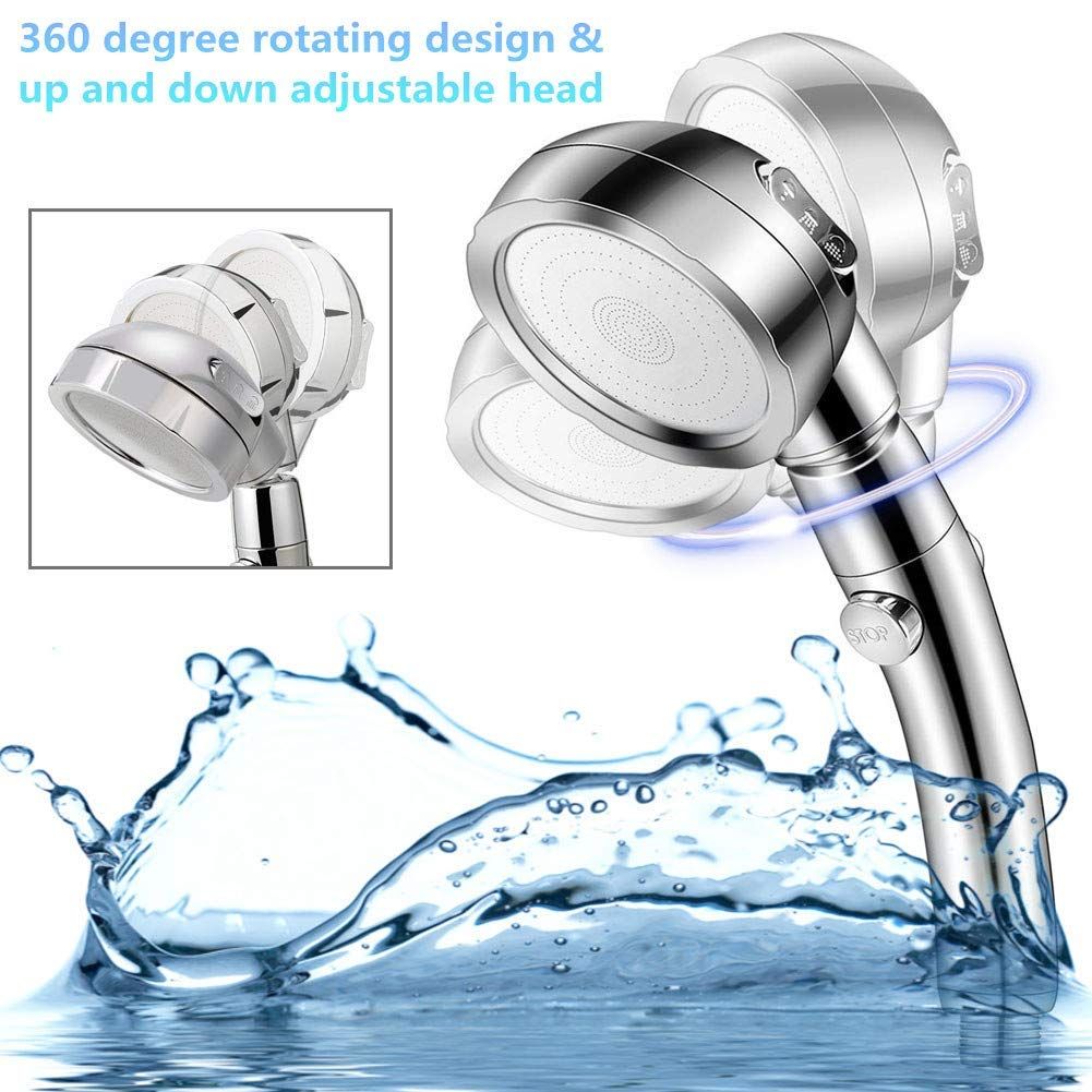 Duschkopf Hochdruck Handbrause – 3 Strahlarten, wassersparend, 360° drehbar, mit Stopptaste, Universal Anschluss