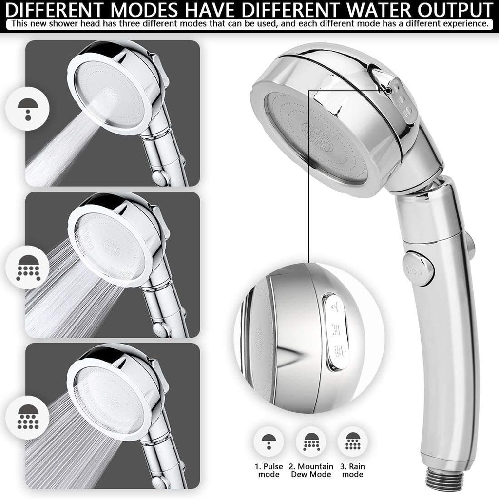 Duschkopf Hochdruck Handbrause – 3 Strahlarten, wassersparend, 360° drehbar, mit Stopptaste, Universal Anschluss