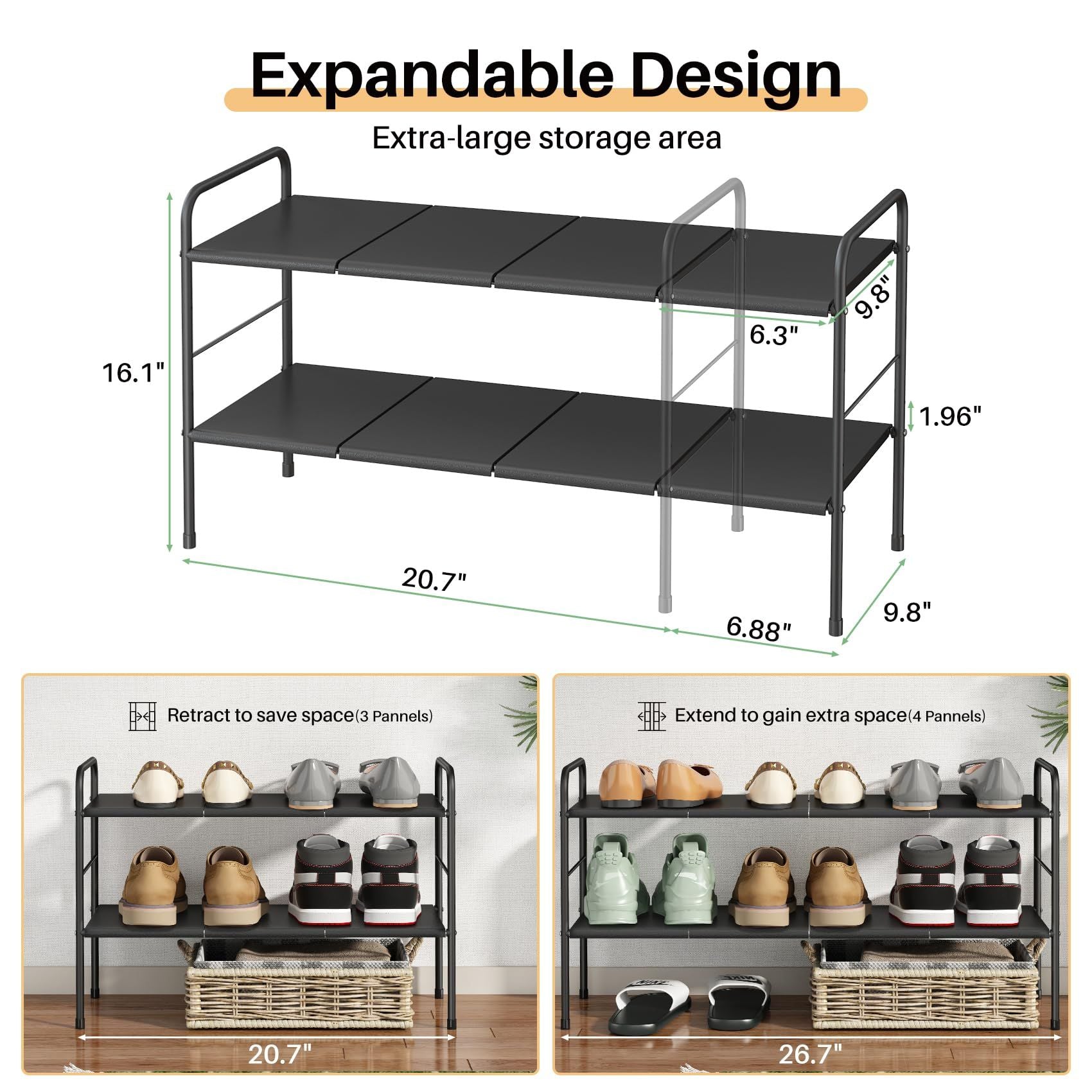 Schuhregal 2 Ebenen Metall – Verstellbar & Erweiterbar, Stabiler Schuhständer, Platzsparend, Schuhablage für Flur, Garage, Schlafzimmer