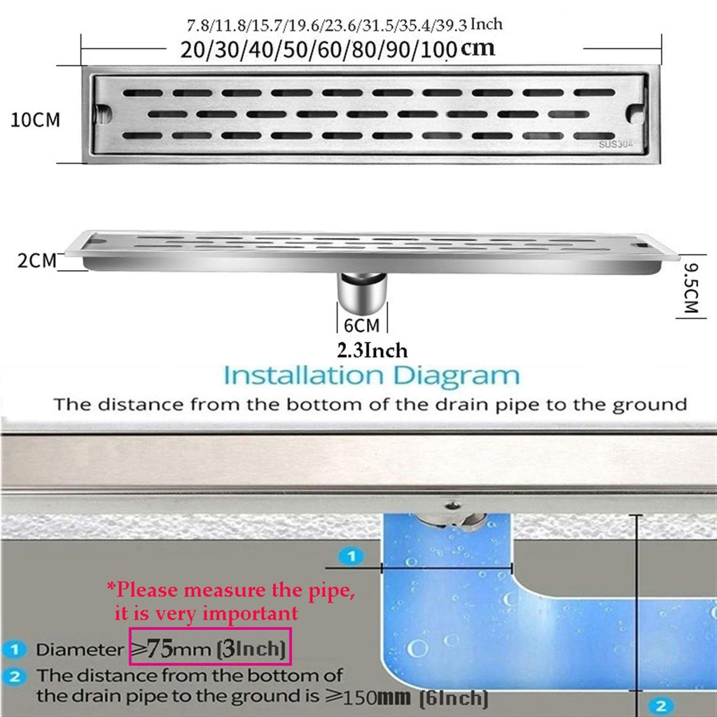 Duschrinne 60 cm Edelstahl – Bodenablauf Dusche mit Siphon 75 mm, Ablaufrinne bodengleich, rostfrei Badablauf
