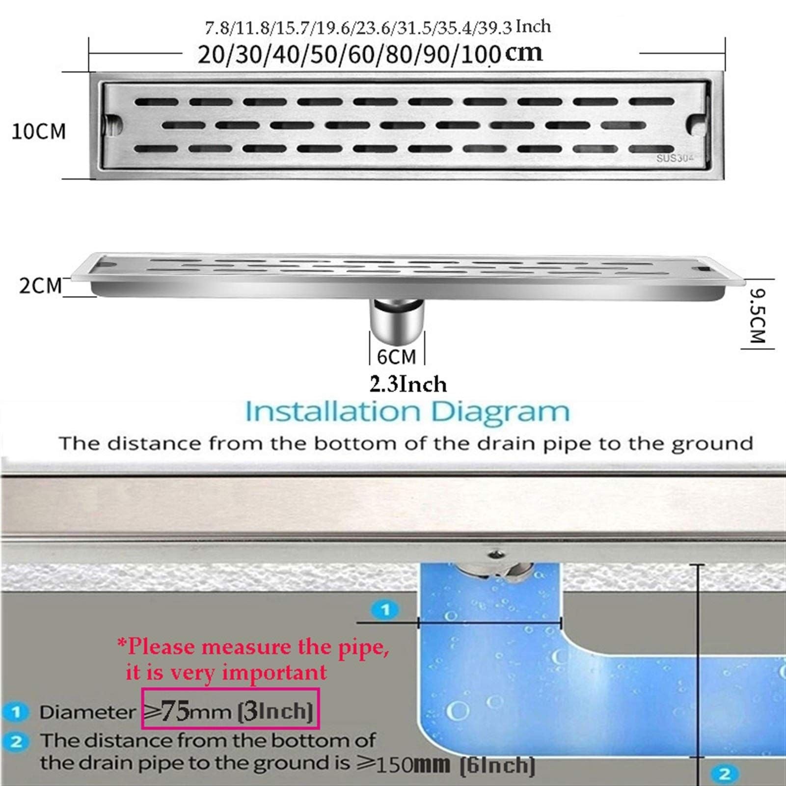 Duschrinne 60 cm Edelstahl – Bodenablauf Dusche mit Siphon 75 mm, Ablaufrinne bodengleich, rostfrei Badablauf
