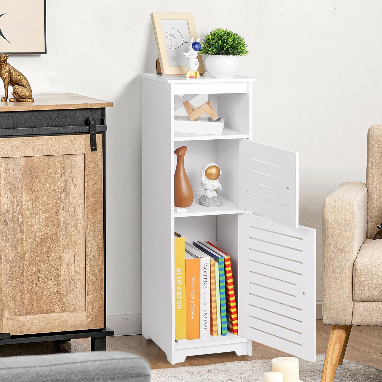 Badezimmerschrank schmal weiß – WC Schrank mit viel Stauraum – Badregal freistehend inkl. GRATIS Hochdruck Duschkopf