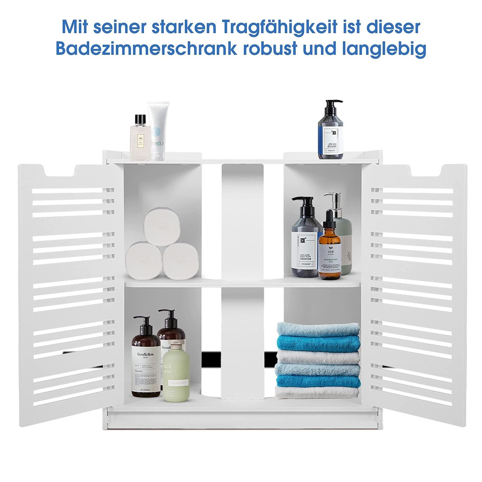 Waschbeckenunterschrank Weiß – Badezimmerschrank mit 2 Türen, platzsparender Unterschrank für Waschbecken, MDF Badmöbel