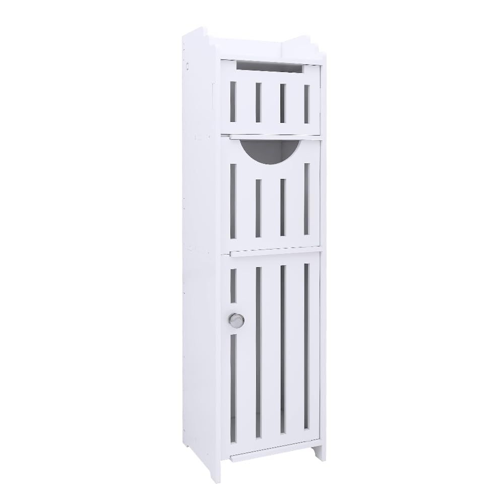 Schmaler Badezimmerschrank Weiß – Toilettenpapierhalter mit 4 Schubladen, freistehender Badschrank, platzsparender Organizer für WC und kleine Räume