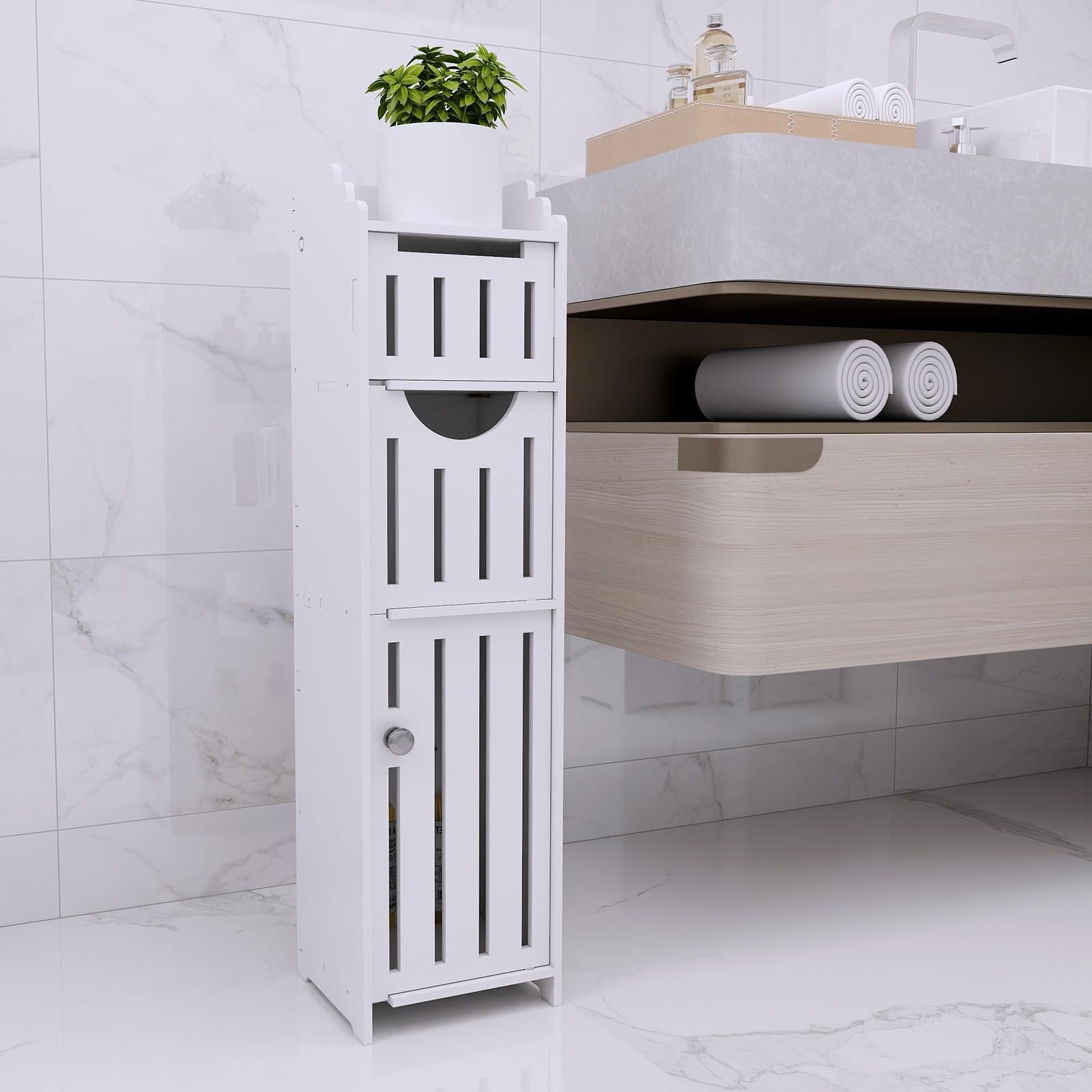 Schmaler Badezimmerschrank Weiß – Toilettenpapierhalter mit 4 Schubladen, freistehender Badschrank, platzsparender Organizer für WC und kleine Räume