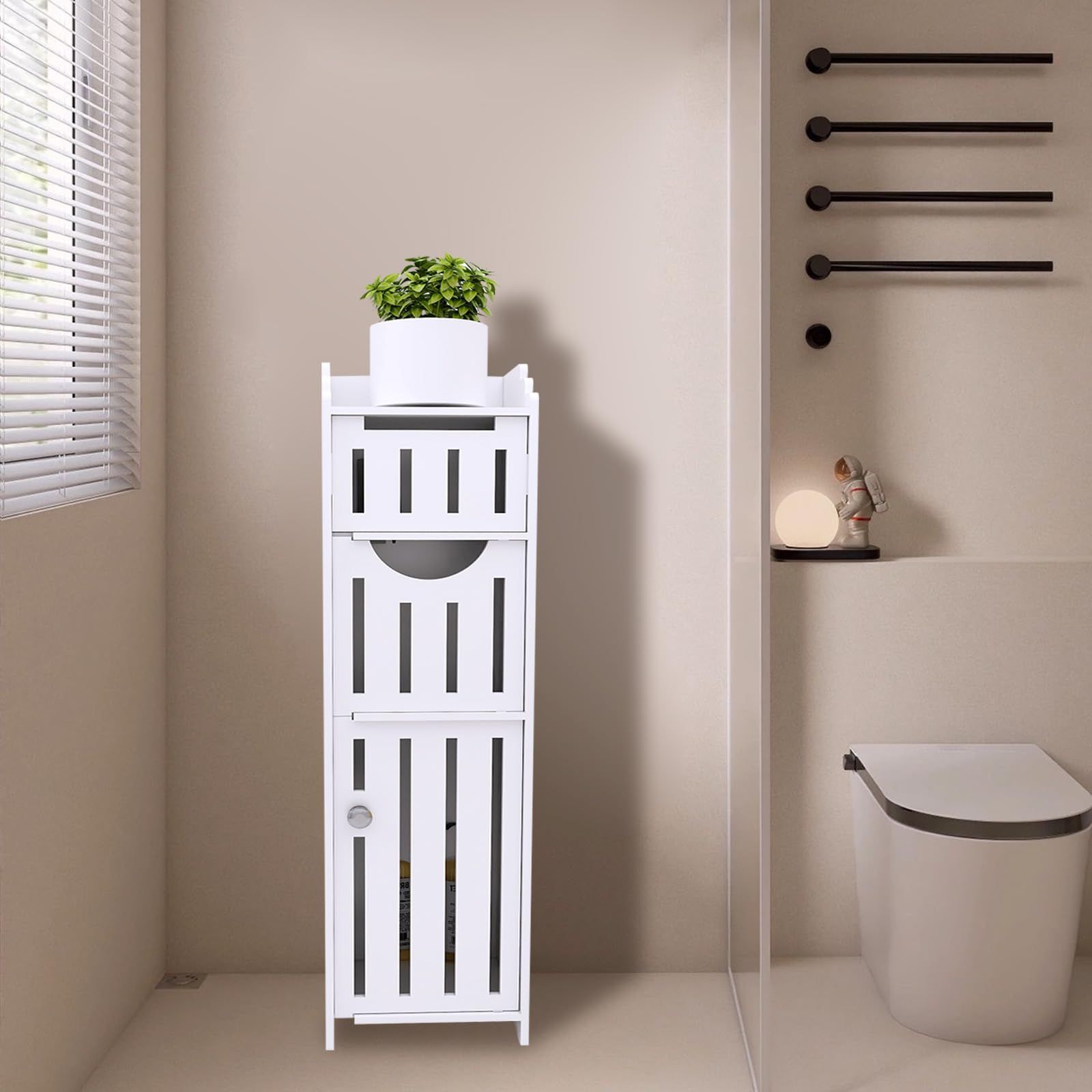 Schmaler Badezimmerschrank Weiß – Toilettenpapierhalter mit 4 Schubladen, freistehender Badschrank, platzsparender Organizer für WC und kleine Räume