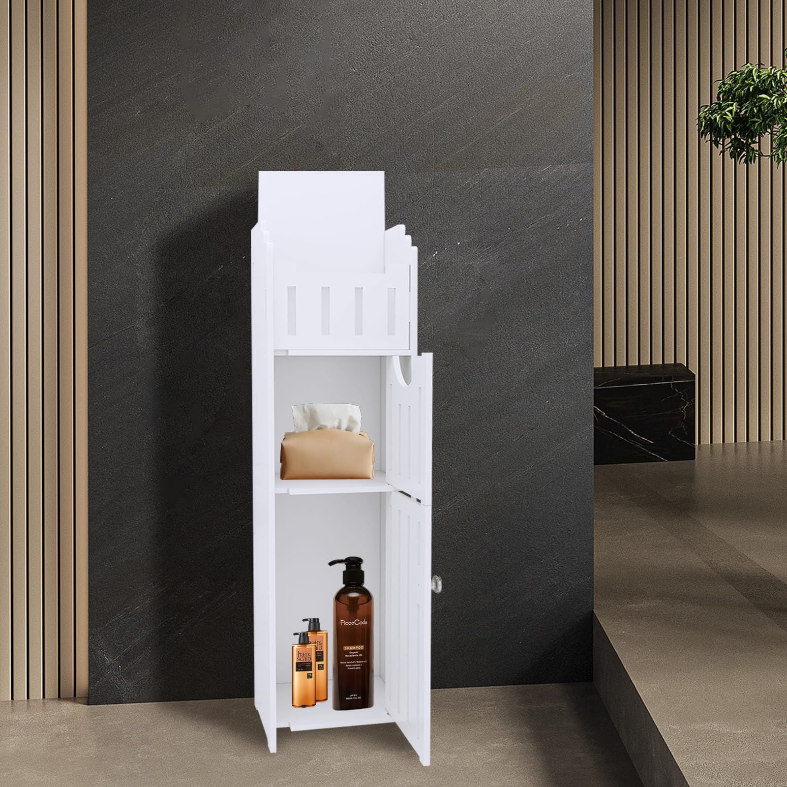 Schmaler Badezimmerschrank Weiß – Toilettenpapierhalter mit 4 Schubladen, freistehender Badschrank, platzsparender Organizer für WC und kleine Räume