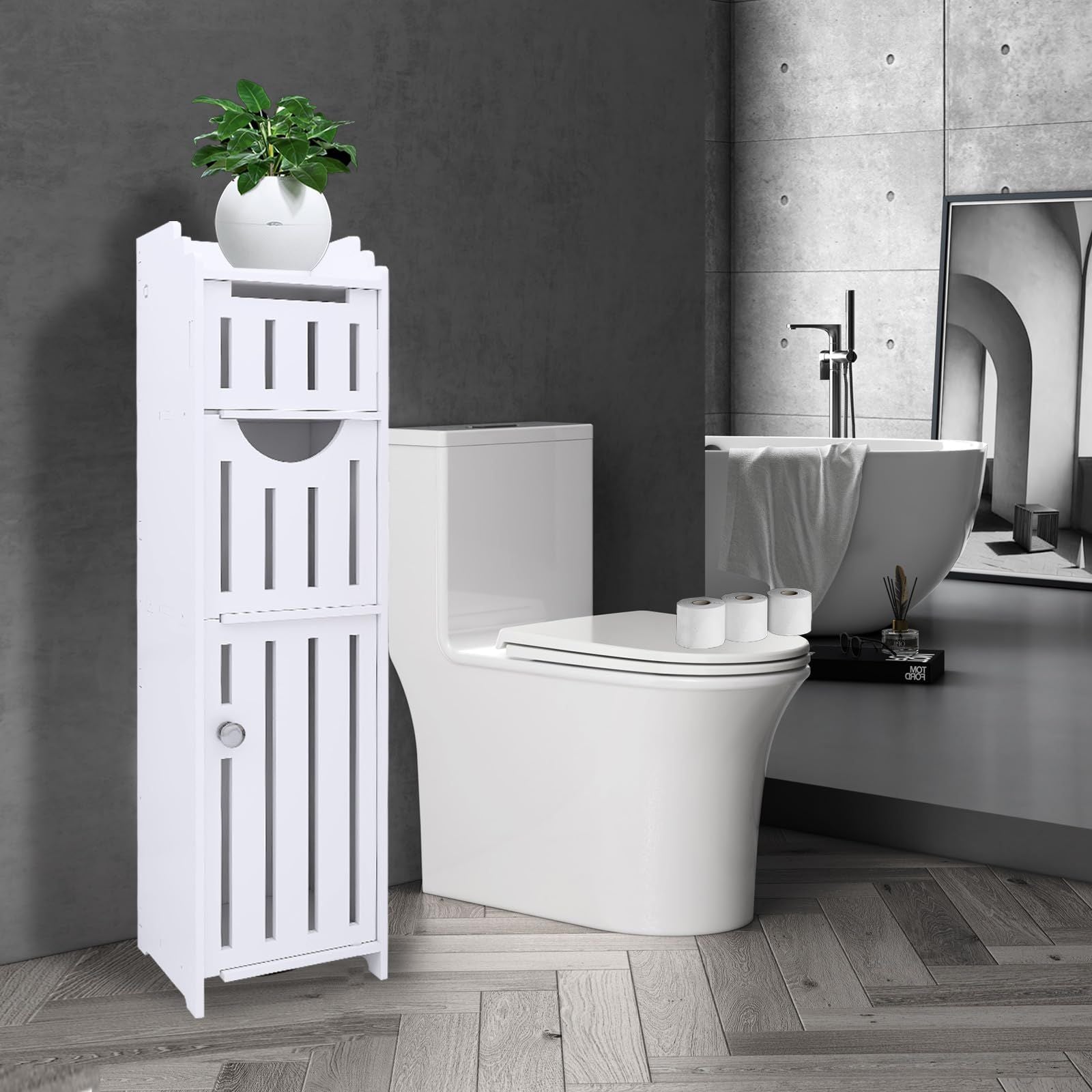 Schmaler Badezimmerschrank Weiß – Toilettenpapierhalter mit 4 Schubladen, freistehender Badschrank, platzsparender Organizer für WC und kleine Räume