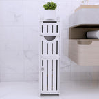 Schmaler Badezimmerschrank Weiß – Toilettenpapierhalter mit 4 Schubladen, freistehender Badschrank, platzsparender Organizer für WC und kleine Räume