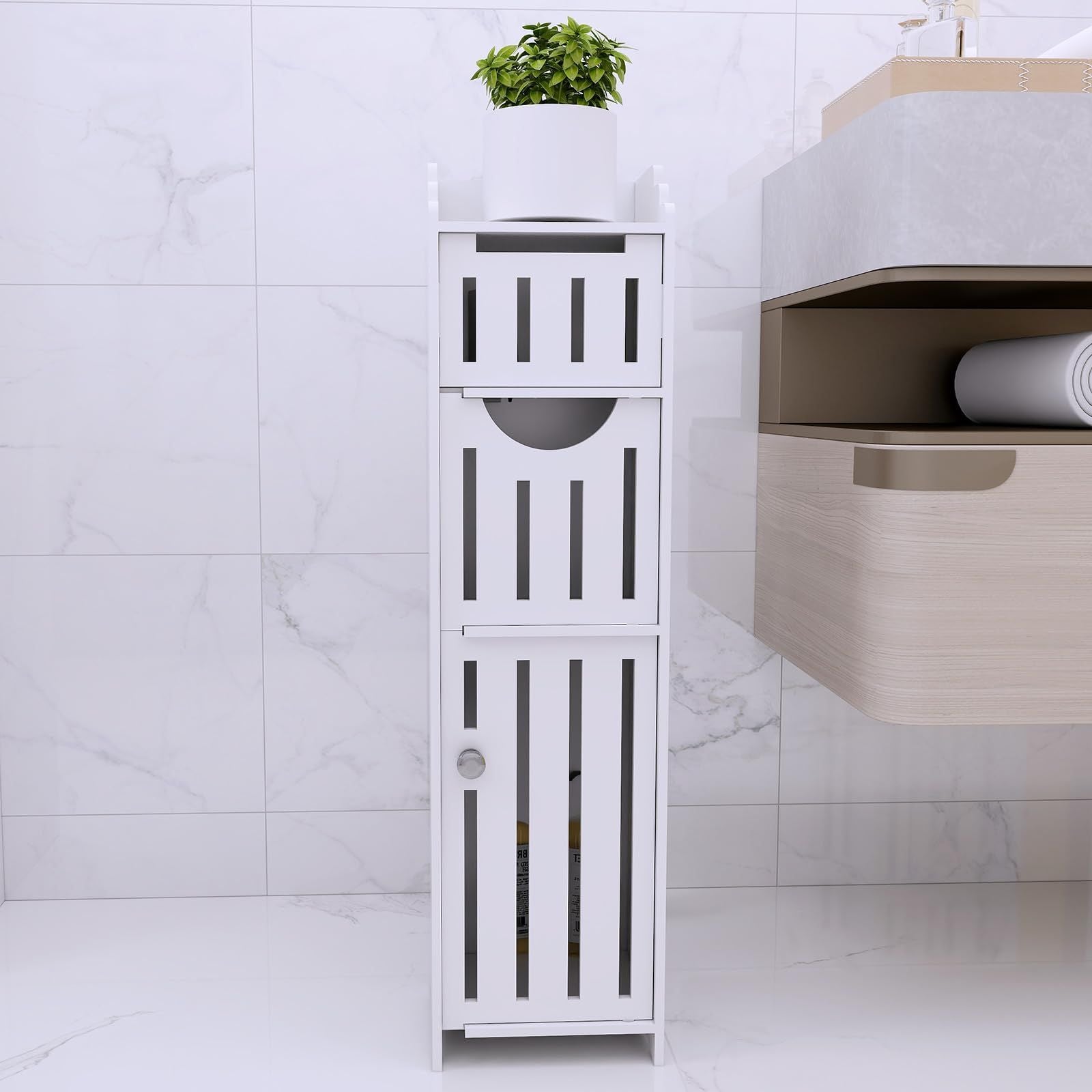 Schmaler Badezimmerschrank Weiß – Badregal mit Türen & viel Stauraum für kleine Räume + GRATIS Hochdruck Duschkopf