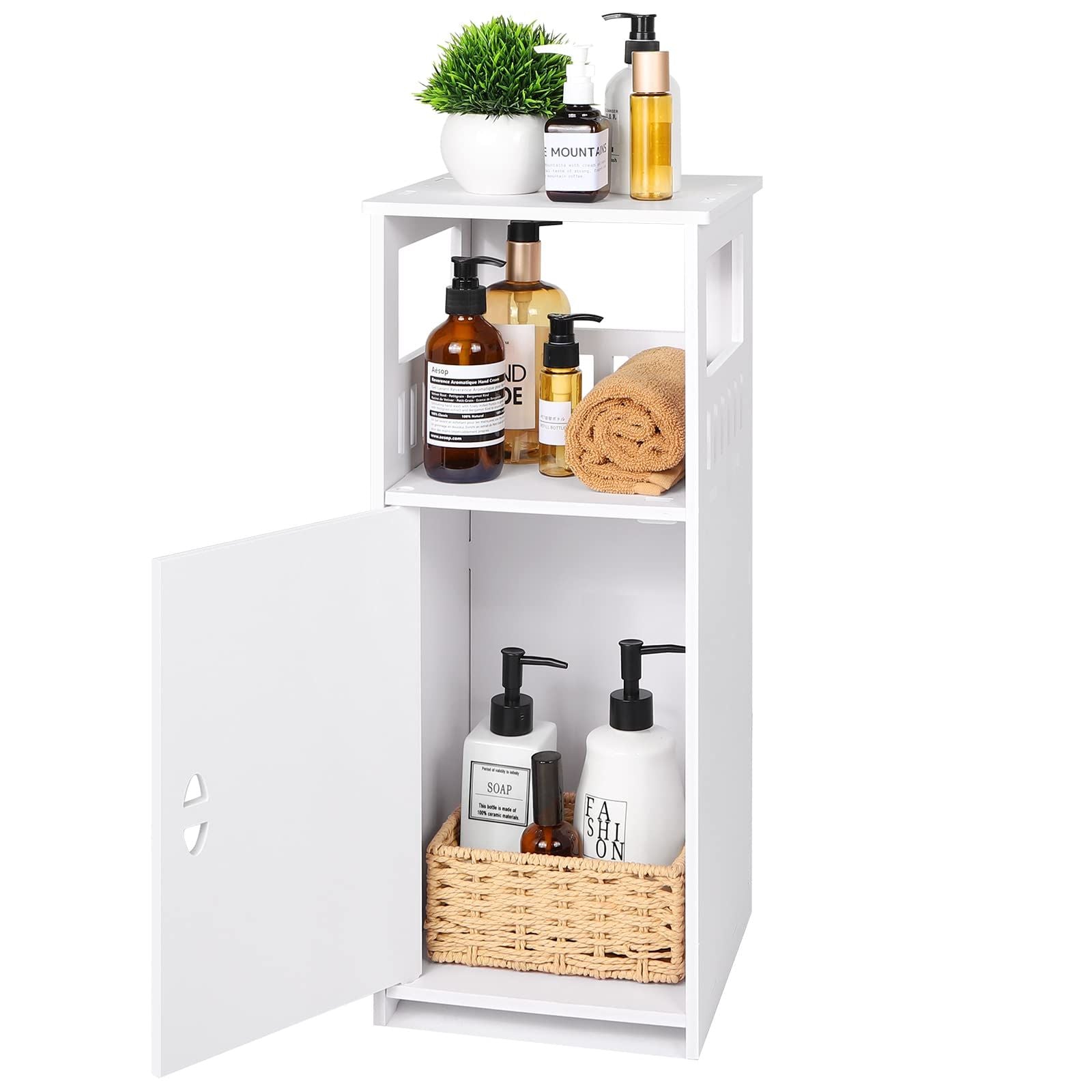 Schmaler Badezimmerschrank Weiß – Freistehender Badschrank mit Tür und offenen Fächern, platzsparender Organizer für Bad, Küche und Wohnzimmer