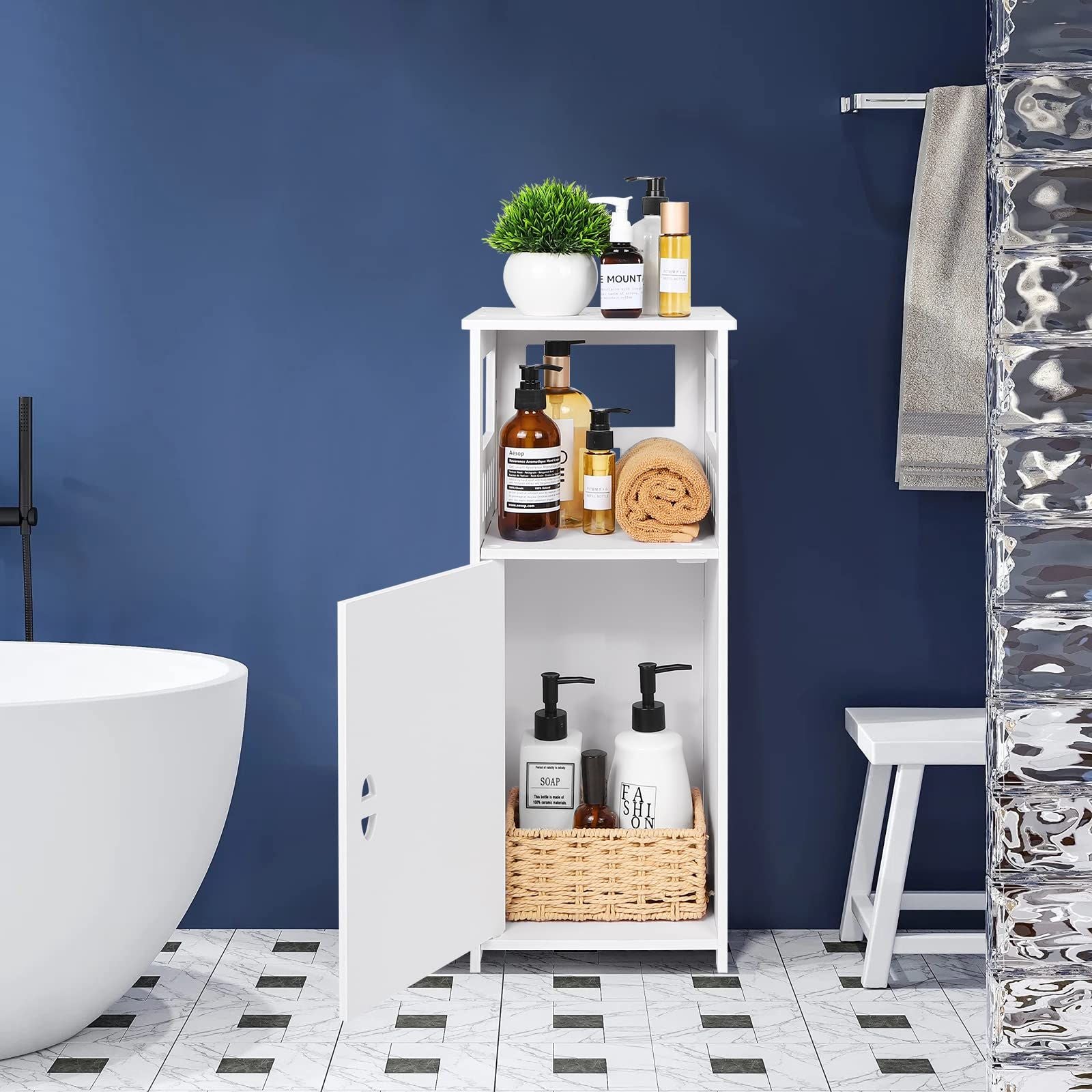 Badezimmerschrank Weiß Schmal mit Türen + GRATIS Hochdruck Duschkopf | Badschrank Schmal Badregal WC Schrank Platzsparend