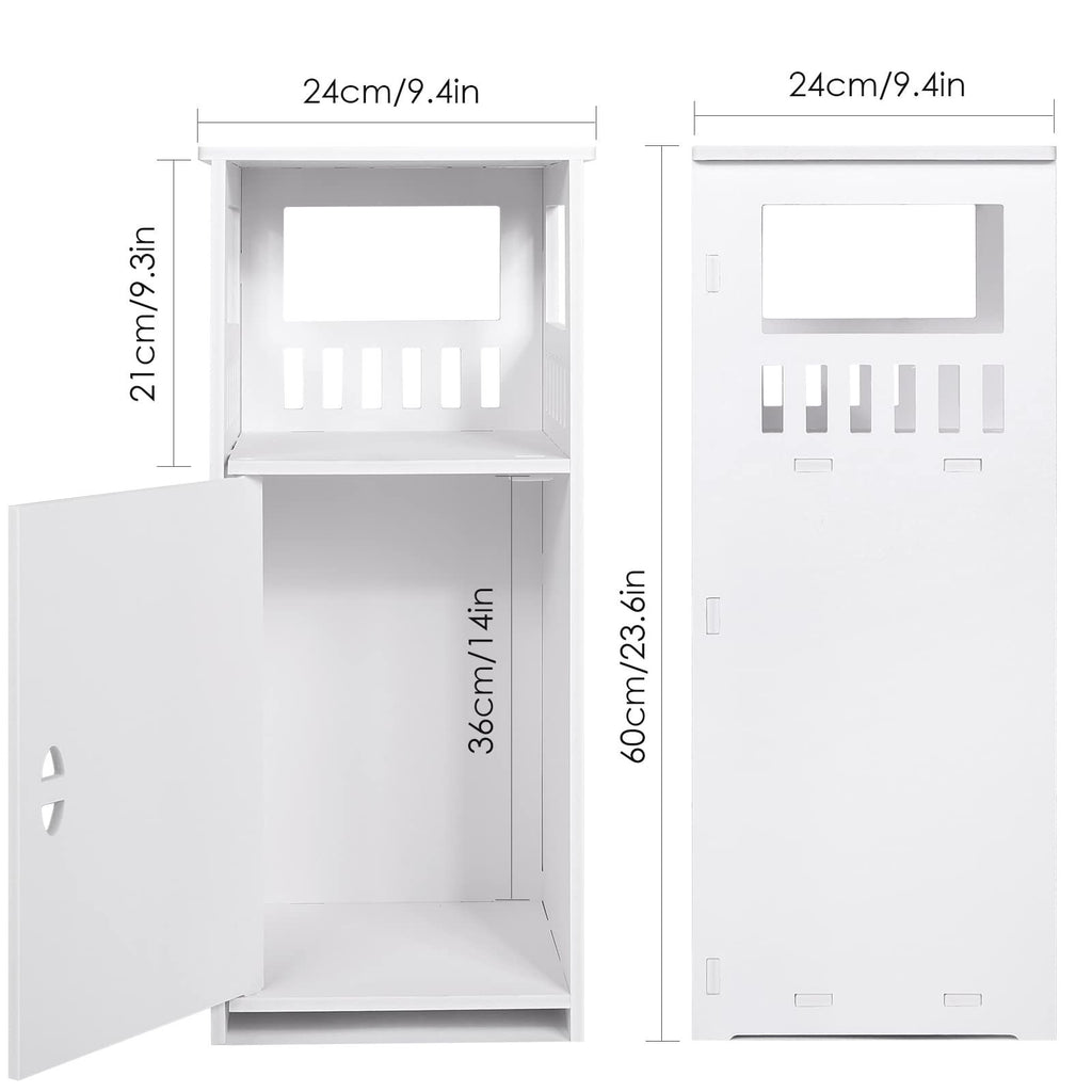 Schmaler Badezimmerschrank Weiß – Freistehender Badschrank mit Tür und offenen Fächern, platzsparender Organizer für Bad, Küche und Wohnzimmer