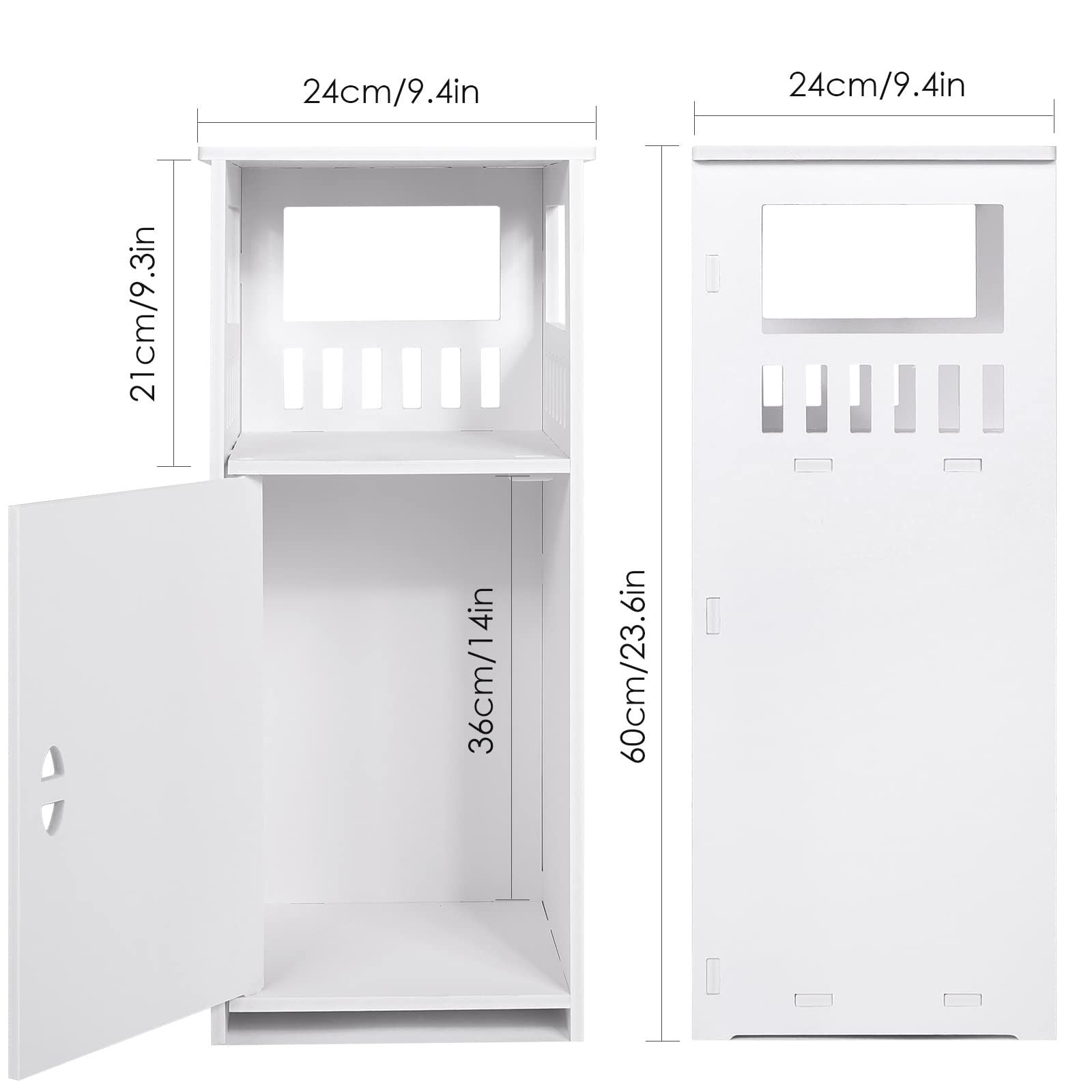 Schmaler Badezimmerschrank Weiß – Freistehender Badschrank mit Tür und offenen Fächern, platzsparender Organizer für Bad, Küche und Wohnzimmer