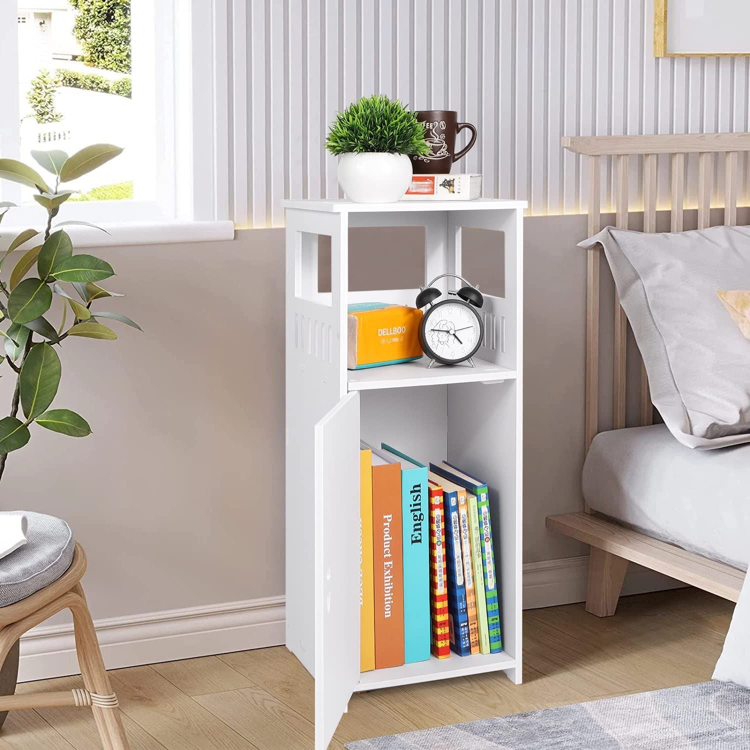 Badezimmerschrank Weiß Schmal mit Türen + GRATIS Hochdruck Duschkopf | Badschrank Schmal Badregal WC Schrank Platzsparend