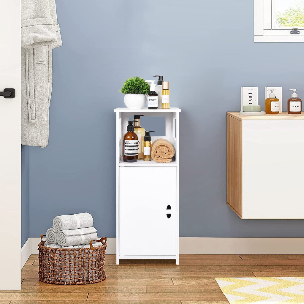 Schmaler Badezimmerschrank Weiß – Freistehender Badschrank mit Tür und offenen Fächern, platzsparender Organizer für Bad, Küche und Wohnzimmer