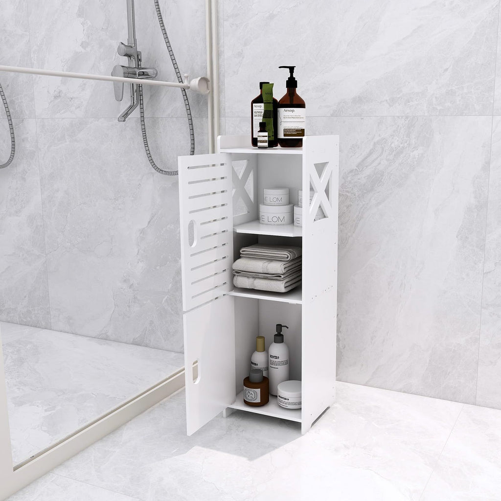 WC-Schrank schmal mit viel Stauraum – Badezimmerschrank freistehend – Badregal weiß inkl. GRATIS Hochdruck Duschkopf