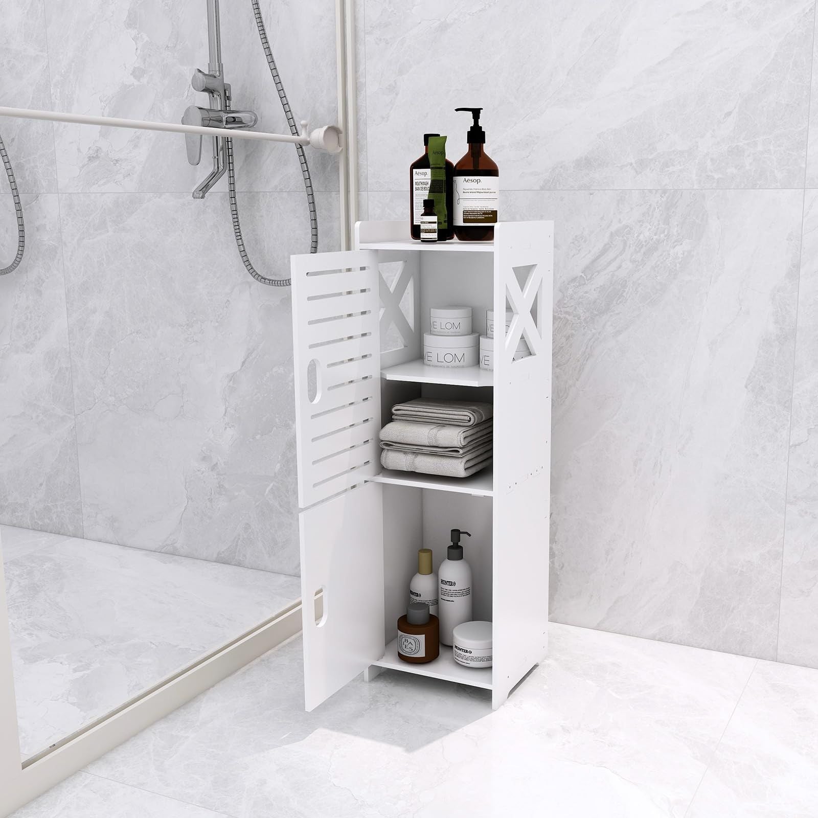 WC-Schrank schmal mit viel Stauraum – Badezimmerschrank freistehend – Badregal weiß inkl. GRATIS Hochdruck Duschkopf