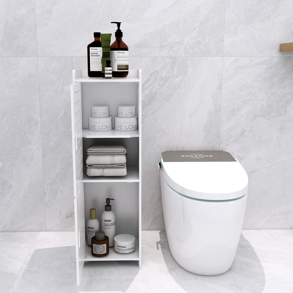 WC-Schrank schmal mit viel Stauraum – Badezimmerschrank freistehend – Badregal weiß inkl. GRATIS Hochdruck Duschkopf