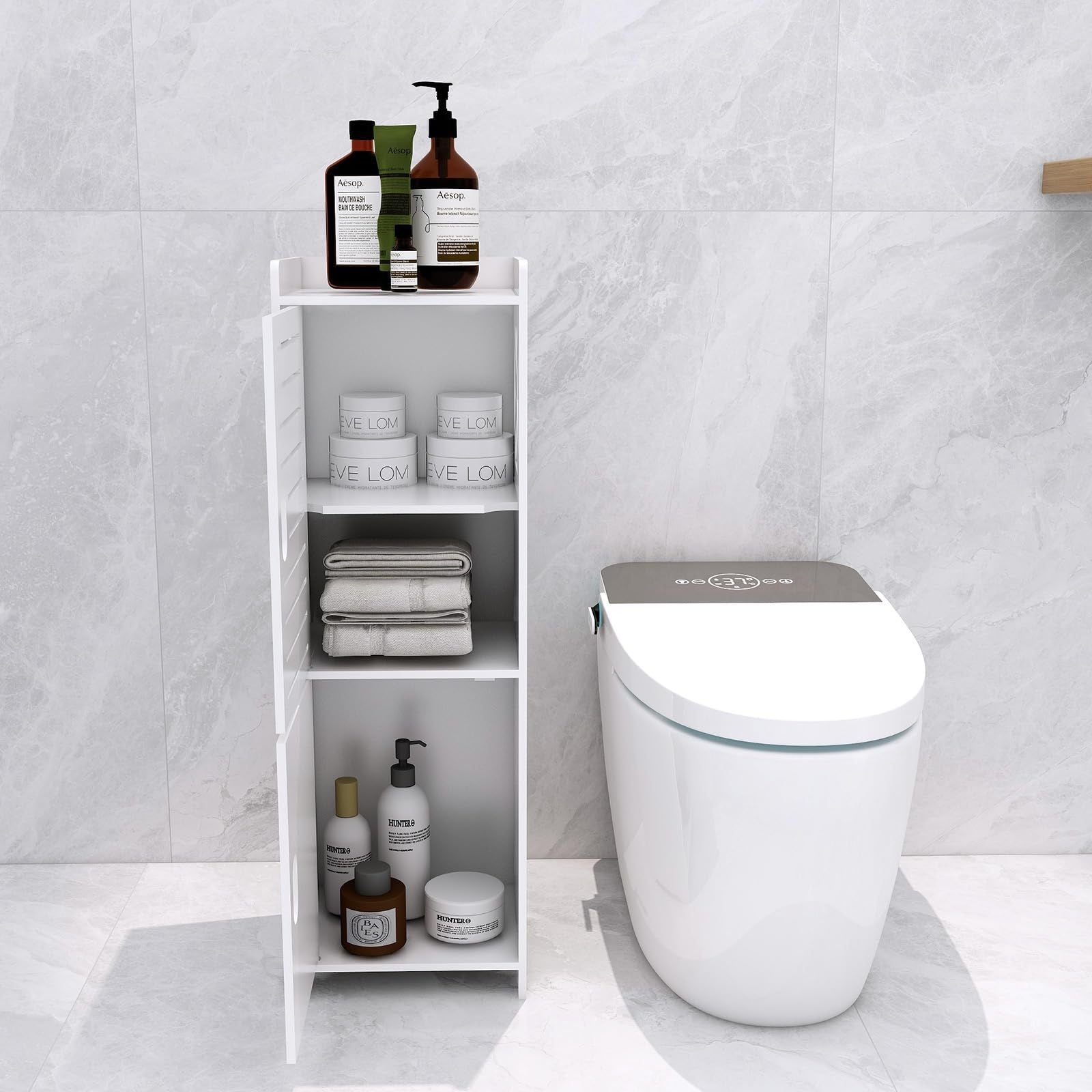 WC-Schrank schmal mit viel Stauraum – Badezimmerschrank freistehend – Badregal weiß inkl. GRATIS Hochdruck Duschkopf