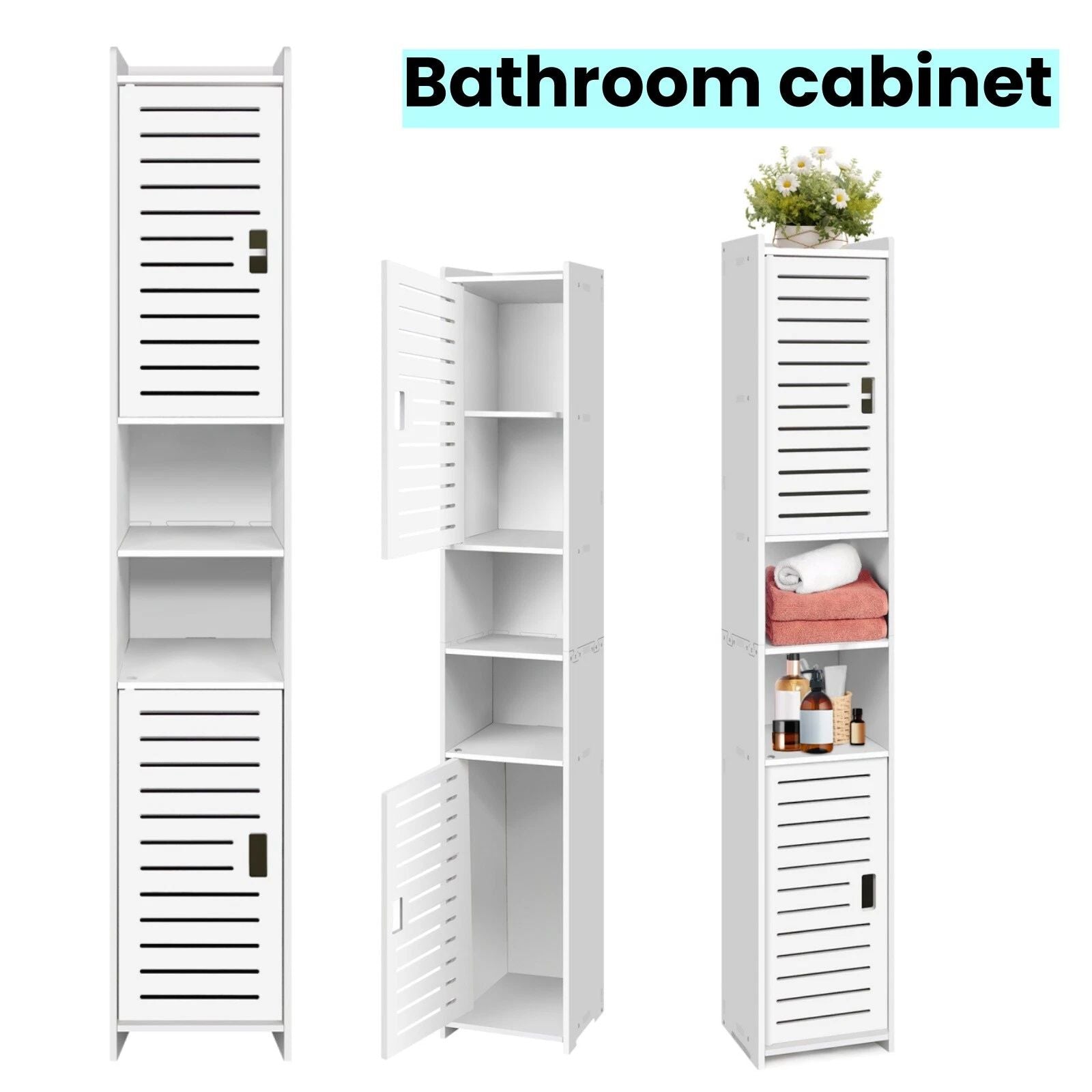 Schmaler Badezimmerschrank Hoch Weiß – Hochschrank mit Türen und 5 Fächern, freistehend, platzsparender Badschrank für kleine Räume