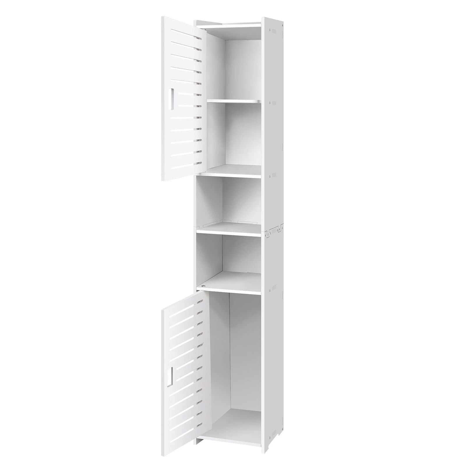 Schmaler Badezimmerschrank Hoch Weiß – Hochschrank mit Türen und 5 Fächern, freistehend, platzsparender Badschrank für kleine Räume