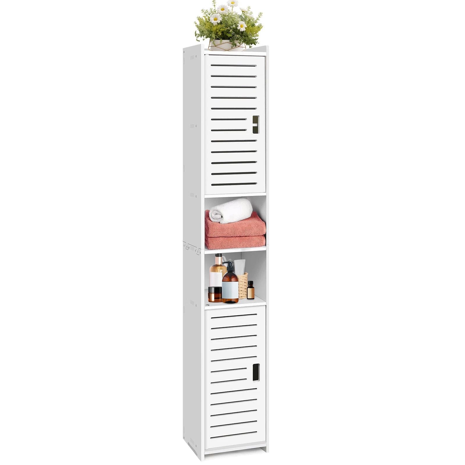 Badezimmerschrank schmal mit viel Stauraum – Hochschrank Bad freistehend – Badregal Organizer weiß inkl. GRATIS Hochdruck Duschkopf