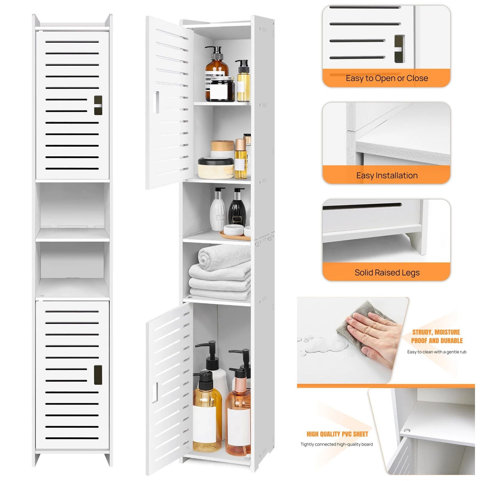 Schmaler Badezimmerschrank Hoch Weiß – Hochschrank mit Türen und 5 Fächern, freistehend, platzsparender Badschrank für kleine Räume