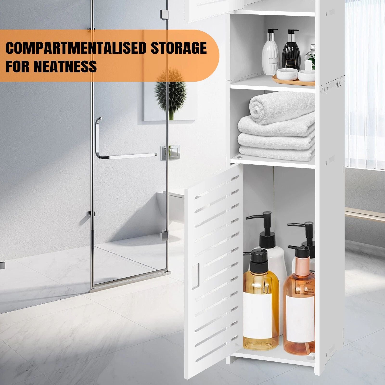 Schmaler Badezimmerschrank Hoch Weiß – Hochschrank mit Türen und 5 Fächern, freistehend, platzsparender Badschrank für kleine Räume