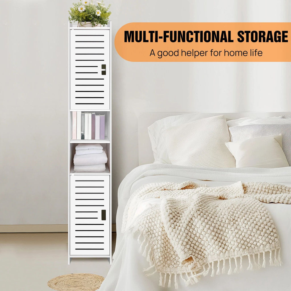 Schmaler Badezimmerschrank Hoch Weiß – Hochschrank mit Türen und 5 Fächern, freistehend, platzsparender Badschrank für kleine Räume