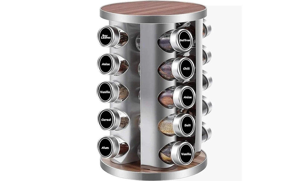 360° Drehbares Gewürzregal Set mit 20 Gläsern – Edelstahl & Glas – Küchen Organizer inkl. GRATIS Holzregal – Gewürzständer Platzsparend